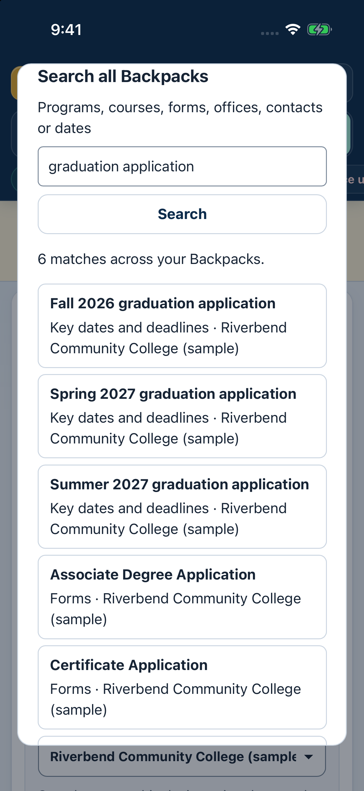 Search results across Backpacks for graduation application, with dates and forms.