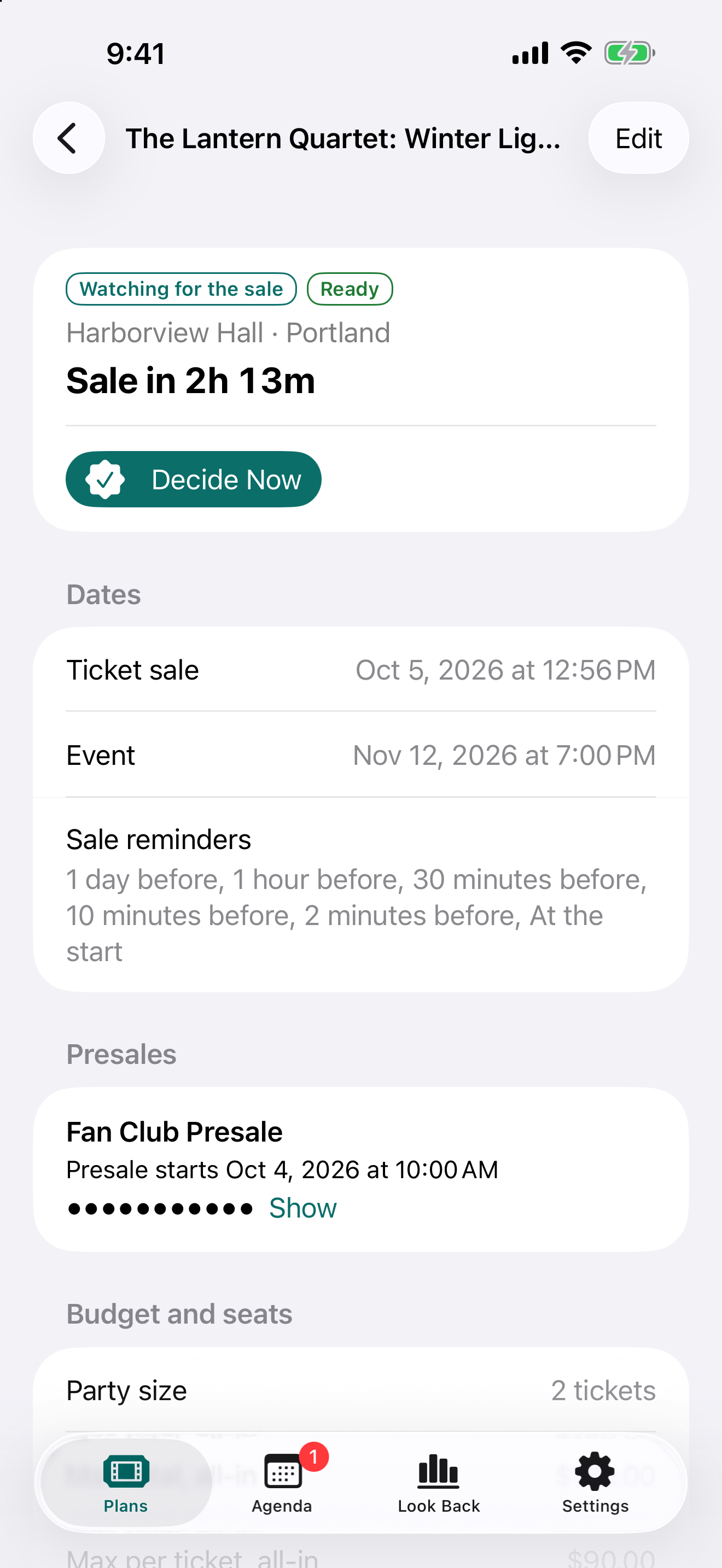 Sample concert plan with dates, reminders, a hidden presale code and a two-ticket budget.