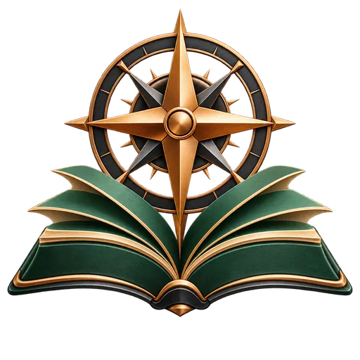 A copper compass rose over an open green book