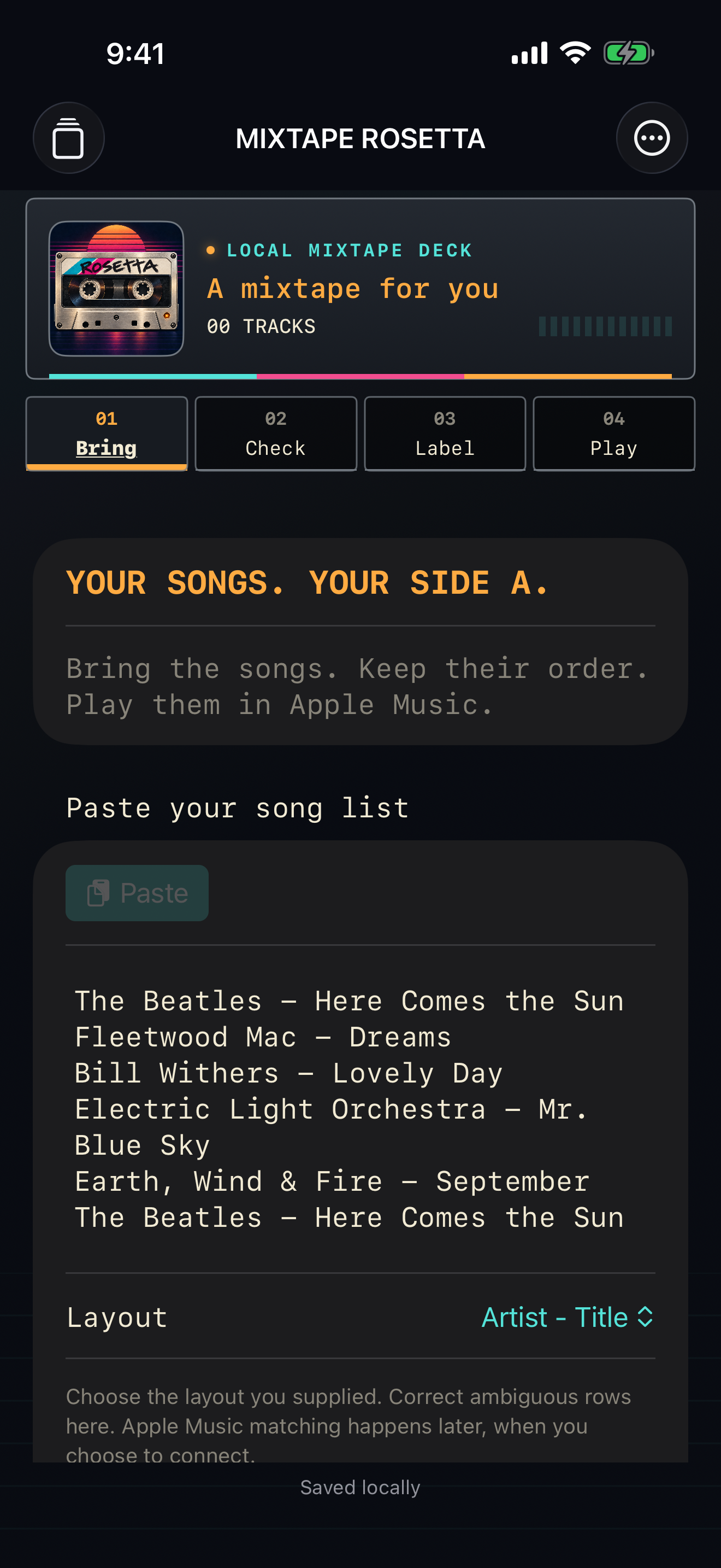 Sample Mixtape Rosetta song list with title and artist pairs.
