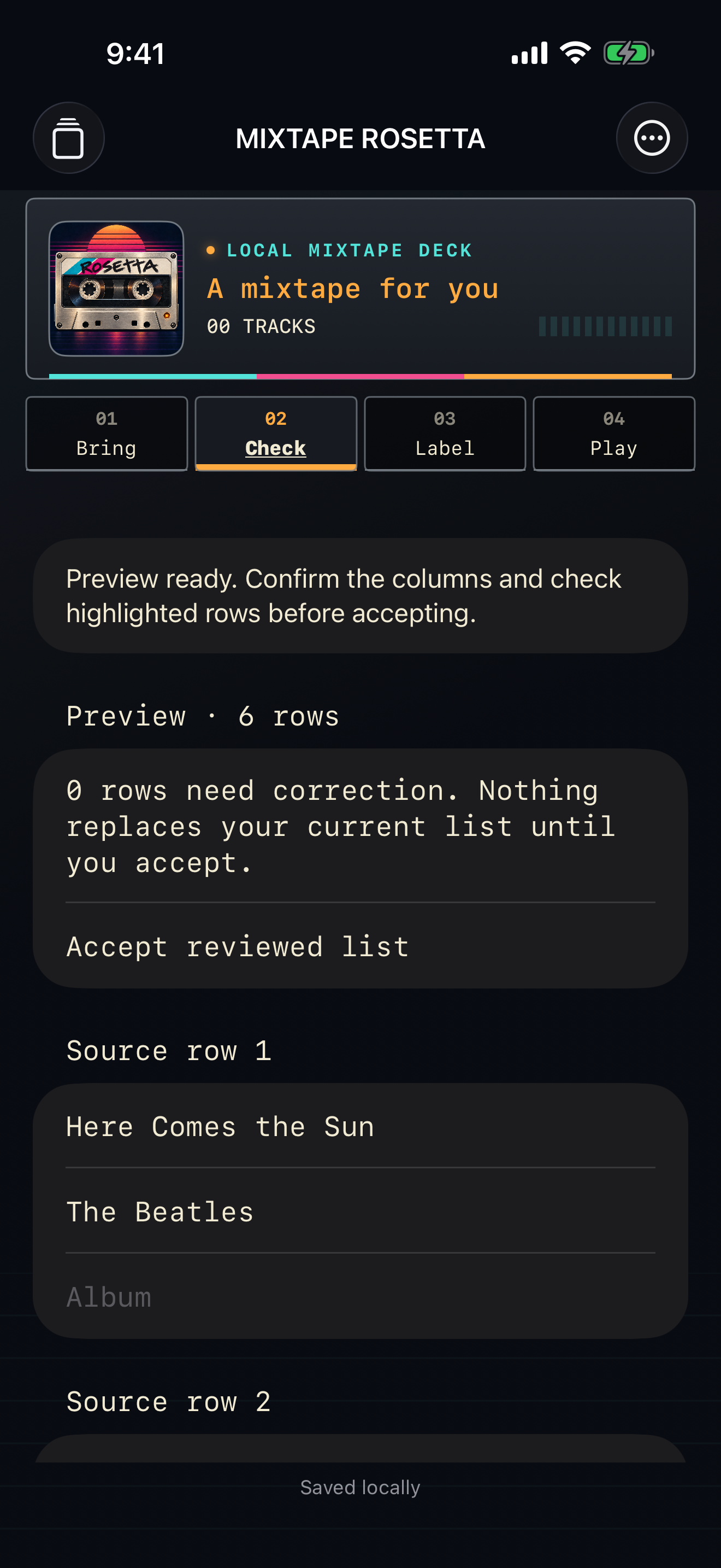 Preview of six imported sample songs before accepting the list.