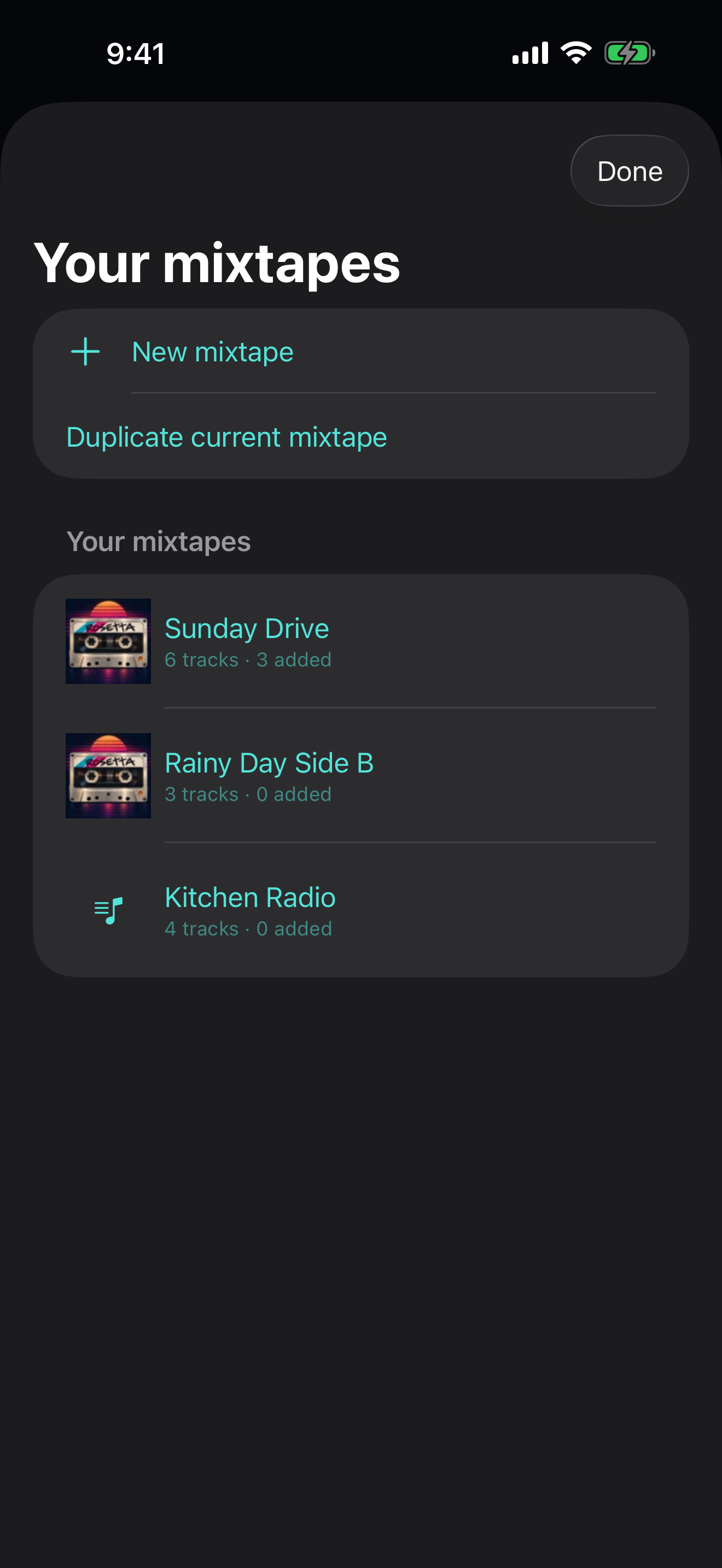 Shelf of sample mixtapes with covers and song counts.