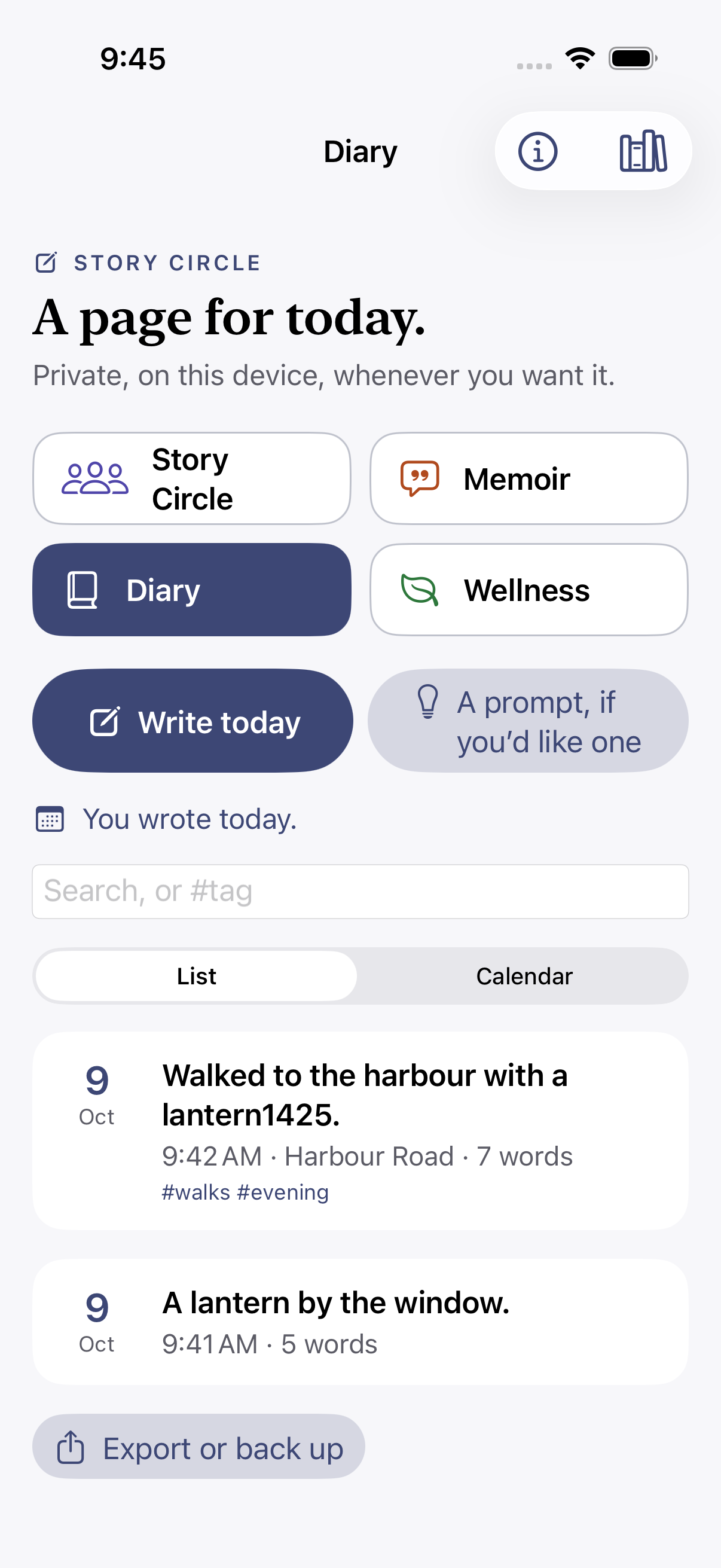 Story Circle Diary screen with sample entries, search, calendar and export controls.